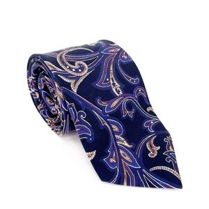 Dolcepunta Men’s 100% Silk Necktie Paisley Navy Yellow Red Made in Italy Tie EUC